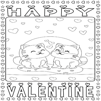 Happy Valentine Day Coloring Page Sheet - Couple Cats In Love & Hearts ...