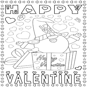 Happy Valentine Day Gnome Coloring Page Sheet-Gnome & Gift Box Heart ...