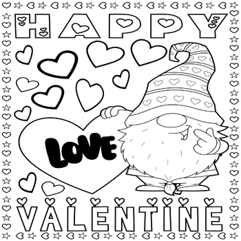 Happy Valentine Day Gnome Coloring Page Sheet - Gnome & Love Heart ...