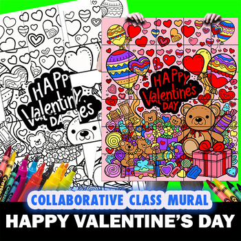Preview of Happy Valentine's Day Collaborative Group Mural Coloring Project Lesson