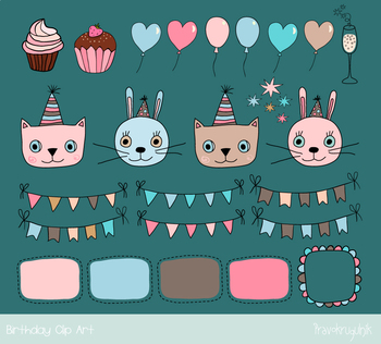 Happy birthday clipart, Doodle cat, bunny clip art, Party bunting flag ...