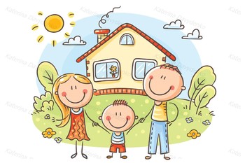 Happy cartoon family with one child near their house with a garden