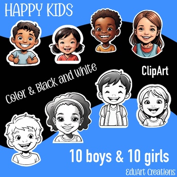Preview of Happy kids clipart, laughing children, emotions boys & girls color/black & white