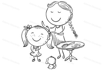 Happy mother combing her daughter's hair, cartoon graphics | TPT