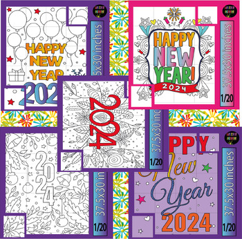 Preview of Happy new year Collaborative Coloring Poster| New Year 2024 Bundle