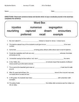 Harcort Journeys 4th Grade Lesson 2 My Brother Martin Vocab Packet