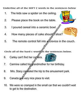 hard c and soft c phonics practice worksheet by