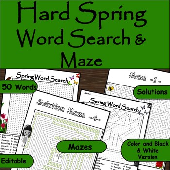 Preview of Hard Spring Word Search and Maze Challenge: 50 Words Find Puzzle/ Springtime