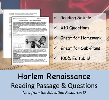 Preview of Harlem Renaissance - Reading Passage Worksheet & Ten Questions