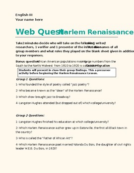 Preview of Harlem Renaissance Web Quest- A precursor activity to the lesson