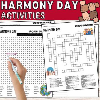 Preview of Harmony Day Fun Worksheets,Puzzles,Wordsearch & Crosswords