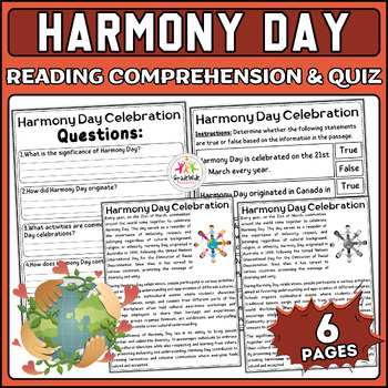 Preview of Harmony Day Nonfiction Reading Passage & Quiz: Promote Diversity & Unity