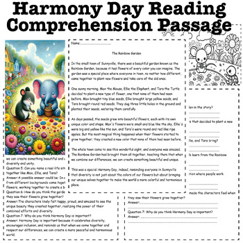 Preview of Harmony Day Reading Comprehension Passage Questions : "The Rainbow Garden"