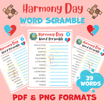Preview of Harmony Day Word scramble Puzzle Crossword word searches activities middle 7th
