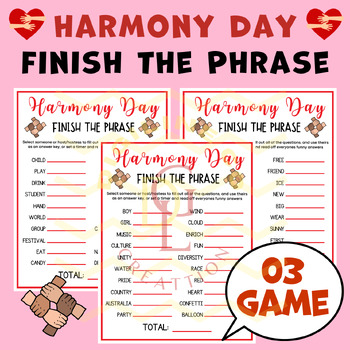 Preview of Harmony day Finish the Phrase activity word problem crossword middle high school