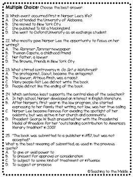 Author Harper Lee Biography Reading Comprehension Worksheet | TpT