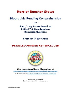 Preview of Harriet Beecher Stowe Biography: Reading Comprehension & Questions w/ Answer Key