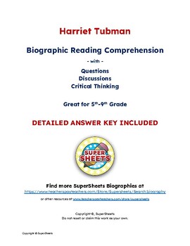 Preview of Harriet Tubman Biography: Reading Comprehension & Questions w/ Answer Key
