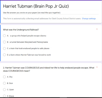 Preview of Harriet Tubman (Brain Pop Jr. Quiz) 5 questions