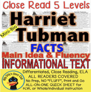 Preview of Harriet Tubman CLOSE READING LEVELED PASSAGES Main Idea Fluency Check TDQs