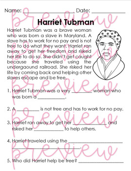 Preview of Harriet Tubman Comprehension / Cold Read / Passage