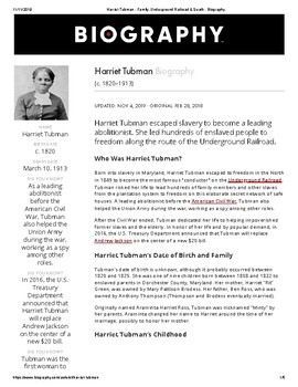 Preview of Harriet Tubman Lesson - Short Biography