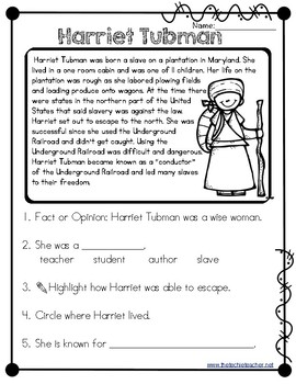 Harriet Tubman Reading Passage by The Techie Teacher | TpT