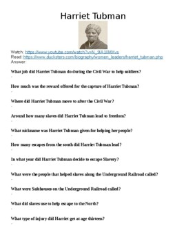 Preview of Harriet Tubman "Watch, Read & Answer" Online Assignment (Word)