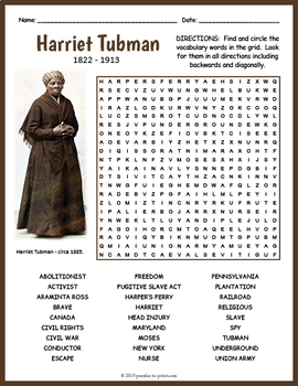 HARRIET TUBMAN Word Search Puzzle Worksheet Activity by Puzzles to Print