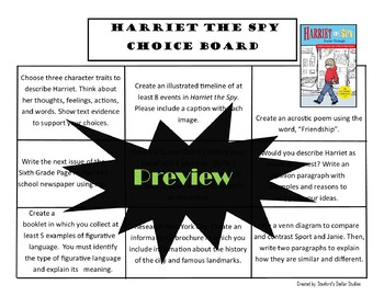 Harriet The Spy Choice Board Novel Study Activities Menu Book Project Rubric