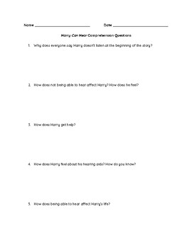 Preview of Harry Can Hear by Fynisa Engler Comprehension Questions