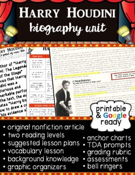 Preview of Reading Comprehension for Middle School - Harry Houdini Nonfiction Biography