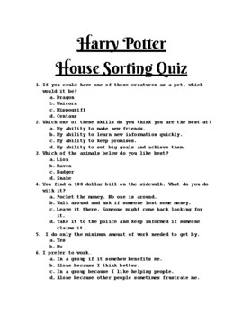 Harry Potter House Sorting Quiz Answer Sheet | TPT