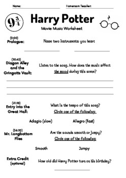 Preview of Music Listening Worksheet for Harry Potter and the Sorcerer's Stone
