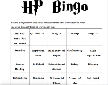Harry potter bingo to print