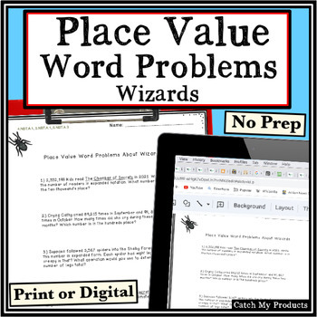 Preview of Math Worksheet Place Value Word Problems About Wizards in Print or Digital