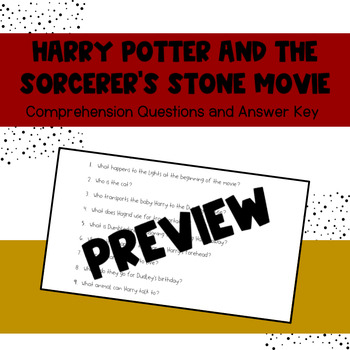 Preview of Harry Potter and The Sorcerer's Stone Movie Comprehension Quiz and Answer Key