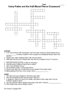 Harry Potter and the Half Blood Prince Crossword Puzzle TpT