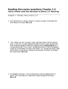 Preview of Harry Potter and the Sorcerer Stone Ch. 1-3 Grade 6 Discussion Questions