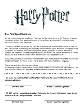 Preview of Harry Potter & the Sorcerer's Stone Film Permission Slip