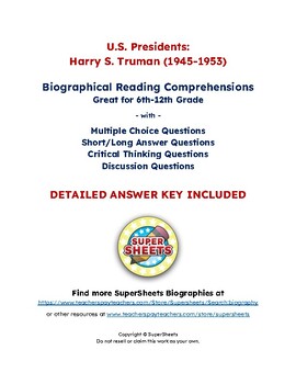 Preview of Harry S. Truman Biography: Reading Comprehension & Questions w/ Answer Key