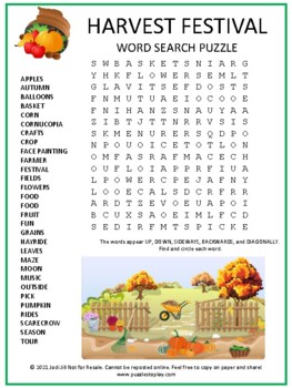 Harvest Festival Word Search Worksheet Puzzle Fall Autumn Holiday ...