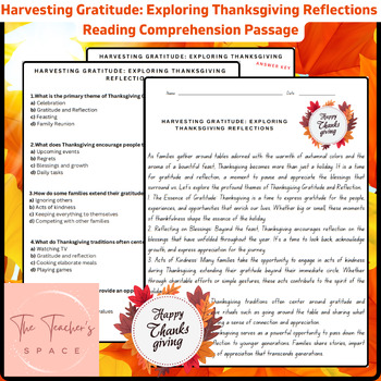 Preview of Harvesting Gratitude: Exploring Thanksgiving Reflections Reading Comprehension