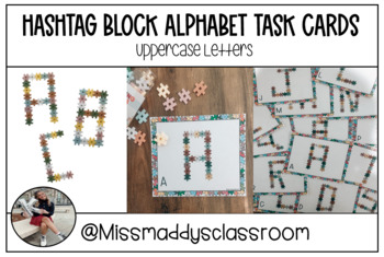 Preview of Hashtag Block Alphabet Task Cards - Uppercase Letters