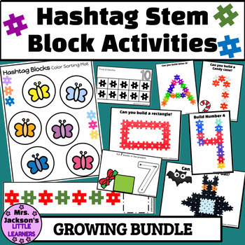 Preview of Hashtag Blocks Math, Literacy and Fine Motor Activities GROWING BUNDLE
