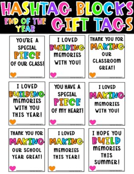 Preview of Hashtag Building Blocks Puzzle Toy End of School Year Summer Gift Tag Printable