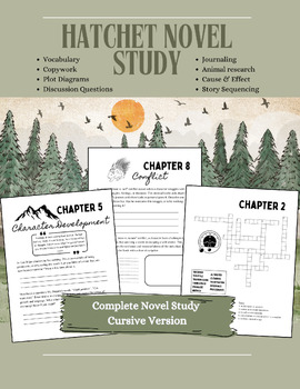 Preview of Hatchet Novel Study CURSIVE / Discussion Questions / Vocabulary / Journal & MORE