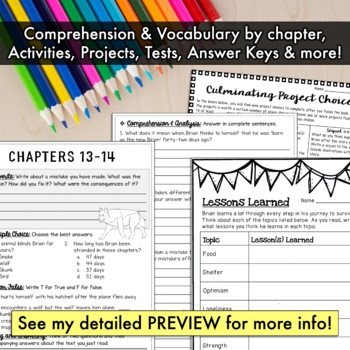 Hatchet Novel Study Unit: comprehension, vocabulary, activities, tests