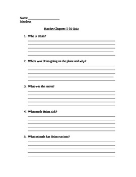 Hatchet Chapter 1 Questions Worksheets Teaching Resources Tpt