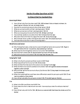 Preview of Hatchet Reading Questions Answer Key with Survival Sections